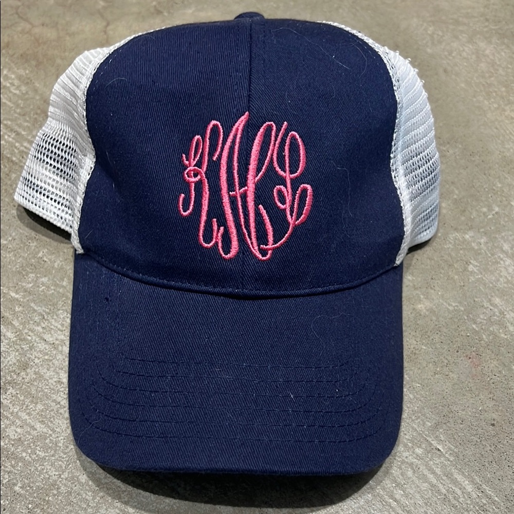 Navy and White Trucker Hat with Pink Monogram